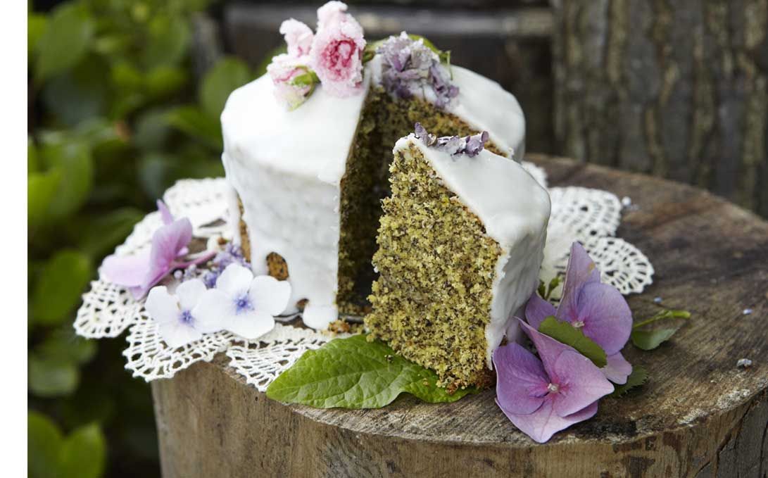 torta glassata di grano saraceno con rose cristallizzate